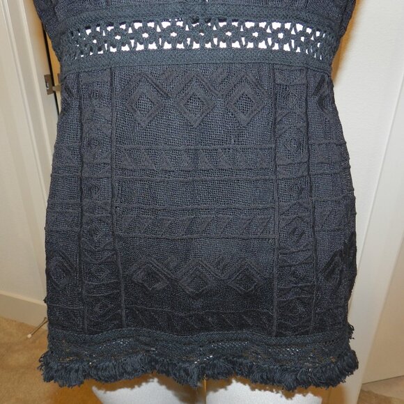 Nanette Lepore Black Boho Fringe Trim Crochet Knit Top Size 6 - Picture 2 of 14